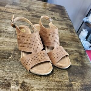 Skechers Tan Block Heel Sandals with Ankle Strap